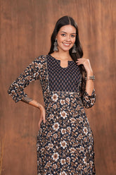 Classical Black Printed Cotton Long Kurti -Black with Chic Yoke Patterns For Every Occasion
